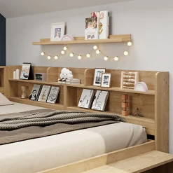 Lit enfant 140 x 200 cm - avec 1 tiroir - avec bibliothèque et rangement - sommier à lattes - naturel (matelas non inclus)