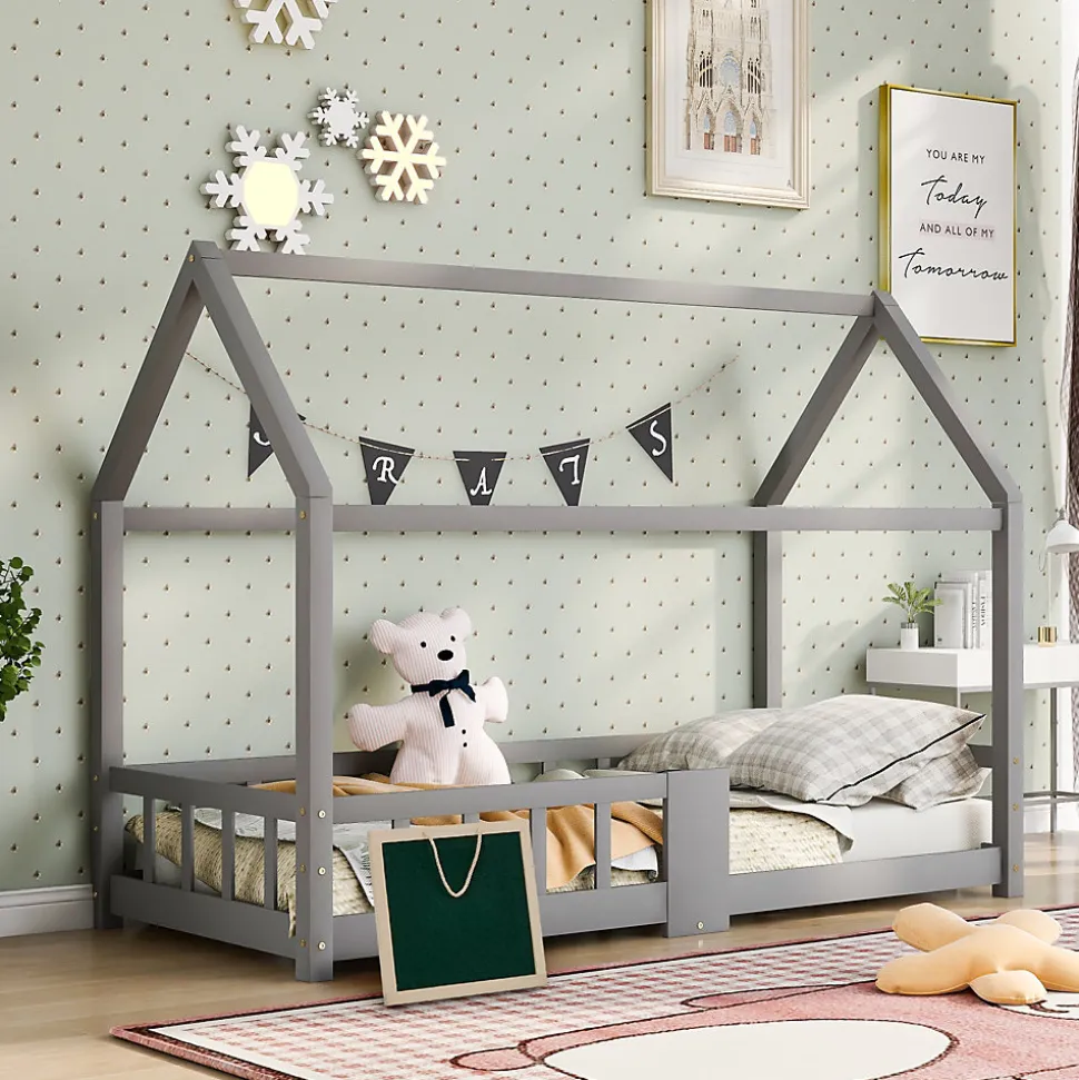 Lit enfant 90 x 200 cm - Lit Cabane avec Tablette et Tableau - Bois de Pin - Sans Matelas - Gris