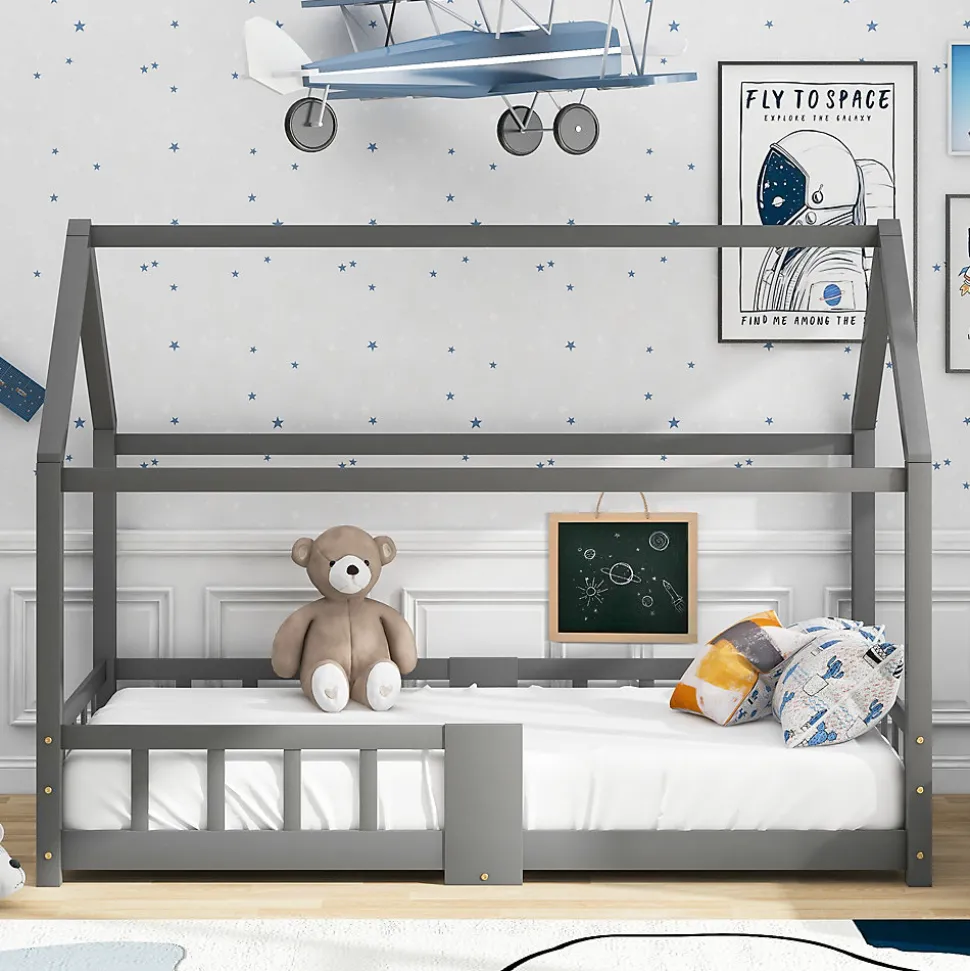 Lit enfant 90 x 200 cm - Lit Cabane avec Tablette et Tableau - Bois de Pin - Sans Matelas - Gris