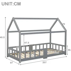 Lit enfant 90 x 200 cm - Lit Cabane avec Tablette et Tableau - Bois de Pin - Sans Matelas - Gris