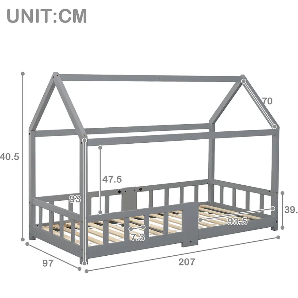 Lit enfant 90 x 200 cm - Lit Cabane avec Tablette et Tableau - Bois de Pin - Sans Matelas - Gris