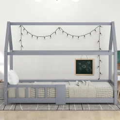 Lit enfant 90 x 200 cm - Lit Cabane avec Tablette et Tableau - Bois de Pin - Sans Matelas - Gris