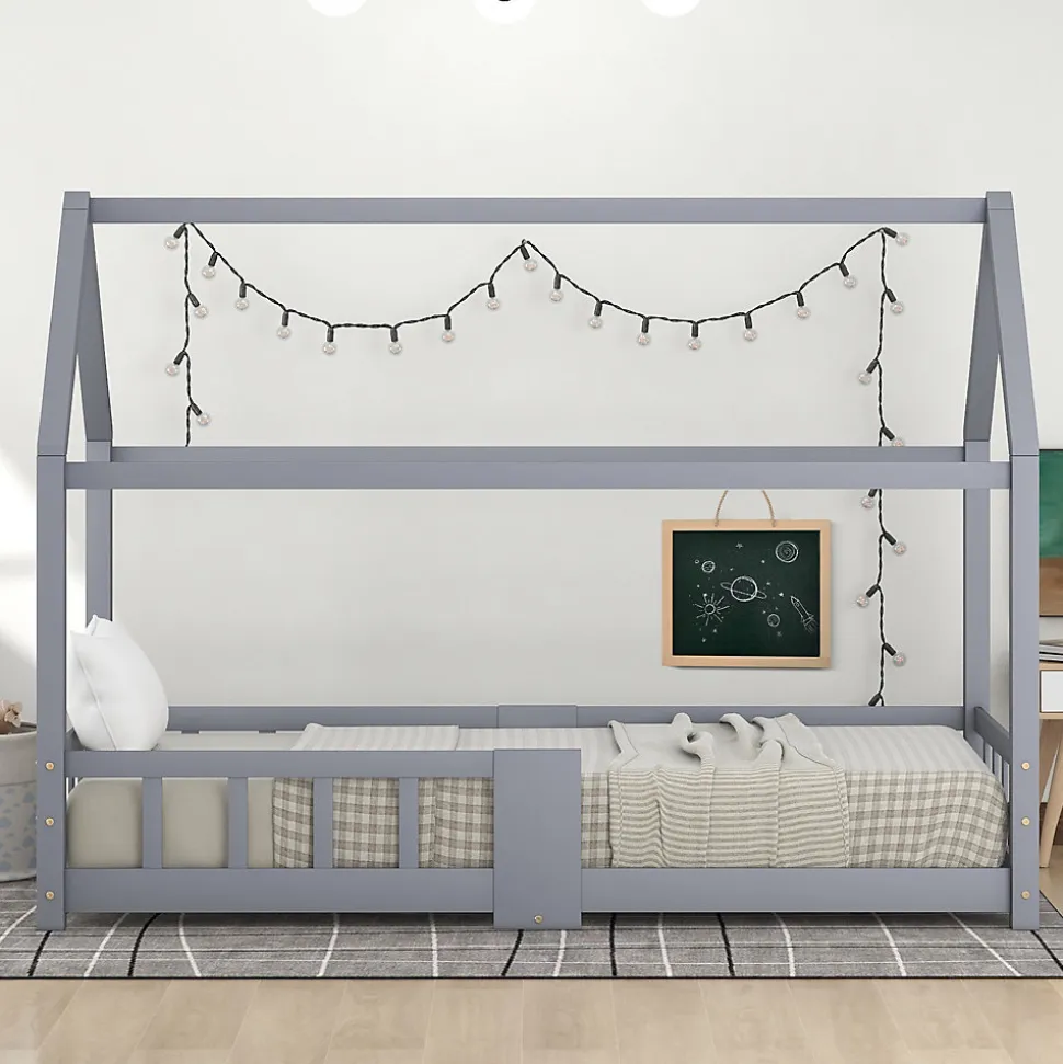Lit enfant 90 x 200 cm - Lit Cabane avec Tablette et Tableau - Bois de Pin - Sans Matelas - Gris