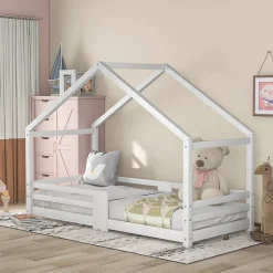 Lit enfant 90 x 200 cm - Lit Cabane avec Cheminée Antichute - Bois de Pin - Sans Matelas - Blanc