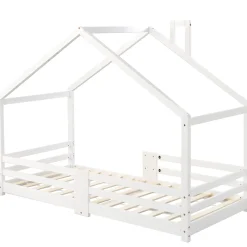 Lit enfant 90 x 200 cm - Lit Cabane avec Cheminée Antichute - Bois de Pin - Sans Matelas - Blanc