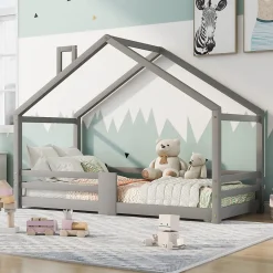 Lit enfant 90 x 200 cm - Lit Cabane avec Cheminée Antichute - Bois de Pin - Sans Matelas - Gris