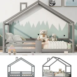 Lit enfant 90 x 200 cm - Lit Cabane avec Cheminée Antichute - Bois de Pin - Sans Matelas - Gris