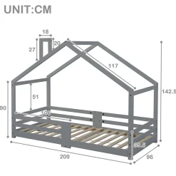 Lit enfant 90 x 200 cm - Lit Cabane avec Cheminée Antichute - Bois de Pin - Sans Matelas - Gris
