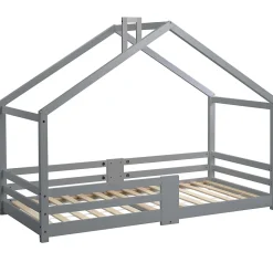 Lit enfant 90 x 200 cm - Lit Cabane avec Cheminée Antichute - Bois de Pin - Sans Matelas - Gris