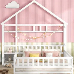 Lit Enfant 140 X 200 Cm, Lit Cabane Avec Barrières, Lit Enfant Avec Tables De Chevet, Blanc