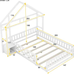 Lit Enfant 140 X 200 Cm, Lit Cabane Avec Barrières, Lit Enfant Avec Tables De Chevet, Blanc