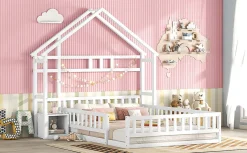 Lit Enfant 140 X 200 Cm, Lit Cabane Avec Barrières, Lit Enfant Avec Tables De Chevet, Blanc