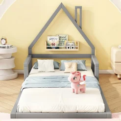 Lit enfant 90 x 200 cm, lit plat en forme de maison, pin gris, Blackcolors