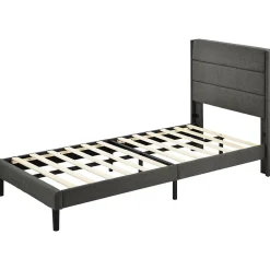 Lit enfant 90 x 200 cm, lit simple capitonné, avec sommier à lattes, design moderne, tissu en lin, matelas non inclus, gris