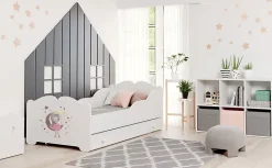 Lit enfant ALMENA avec tiroir matelas et cadre inclus - Princesse et lune - 160 cm x 80 cm