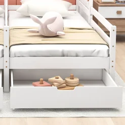 Lit enfant Cabane 90x200 cm - Lit avec Toit et Fenêtres, 2 Tiroirs MDF avec Roulettes, Cadre en Pin Blanc - Sans Matelas