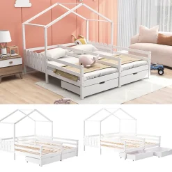 Lit enfant Cabane 90x200 cm - Lit avec Toit et Fenêtres, 2 Tiroirs MDF avec Roulettes, Cadre en Pin Blanc - Sans Matelas