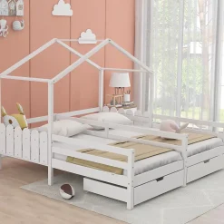 Lit enfant Cabane 90x200 cm - Lit avec Toit et Fenêtres, 2 Tiroirs MDF avec Roulettes, Cadre en Pin Blanc - Sans Matelas