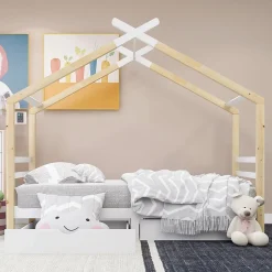 Lit enfant Cabane 90x200 cm avec Tiroirs - Lit Montessori en Bois de Pin Massif - design Scandinave - Blanc