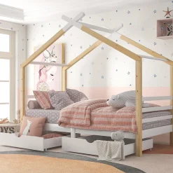 Lit enfant Cabane 90x200 cm avec Tiroirs - Lit Montessori en Bois de Pin Massif - design Scandinave - Blanc