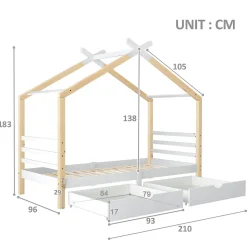 Lit enfant Cabane 90x200 cm avec Tiroirs - Lit Montessori en Bois de Pin Massif - design Scandinave - Blanc
