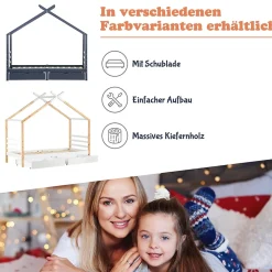 Lit enfant Cabane 90x200 cm avec Tiroirs - Lit Montessori en Bois de Pin Massif - design Scandinave - Blanc