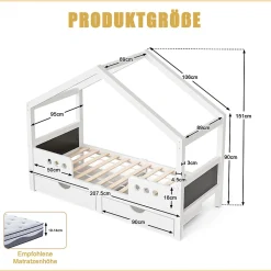 Lit enfant cabane 90x200 cm en bois - Lit simple stable pour chambre junior - Sans matelas - Design classique - Blanc