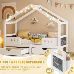 Lit enfant cabane 90x200 cm en bois - Lit simple stable pour chambre junior - Sans matelas - Design classique - Blanc