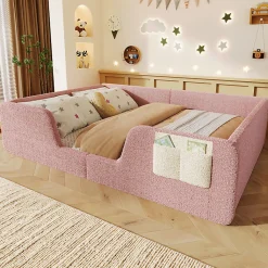 Lit enfant capitonné 140x190 cm - avec barrières de sécurité amovibles - avec sac de rangement - rose (matelas non inclus)