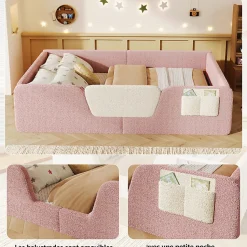 Lit enfant capitonné 140x190 cm - avec barrières de sécurité amovibles - avec sac de rangement - rose (matelas non inclus)