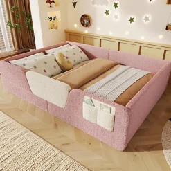 Lit enfant capitonné 140x190 cm - avec barrières de sécurité amovibles - avec sac de rangement - rose (matelas non inclus)
