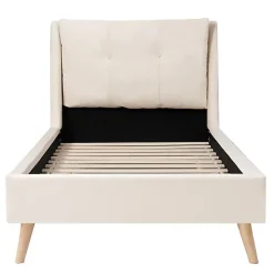 Lit enfant capitonné 90x200cm - Tête de lit capitonnée - Oreillers réglables - Pieds en bois massif - Velours - Beige