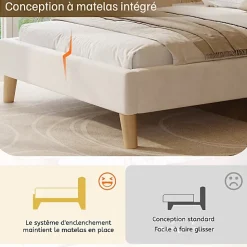 Lit enfant capitonné 90x200cm - Tête de lit capitonnée - Oreillers réglables - Pieds en bois massif - Velours - Beige