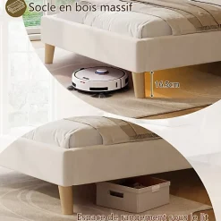 Lit enfant capitonné 90x200cm - Tête de lit capitonnée - Oreillers réglables - Pieds en bois massif - Velours - Beige