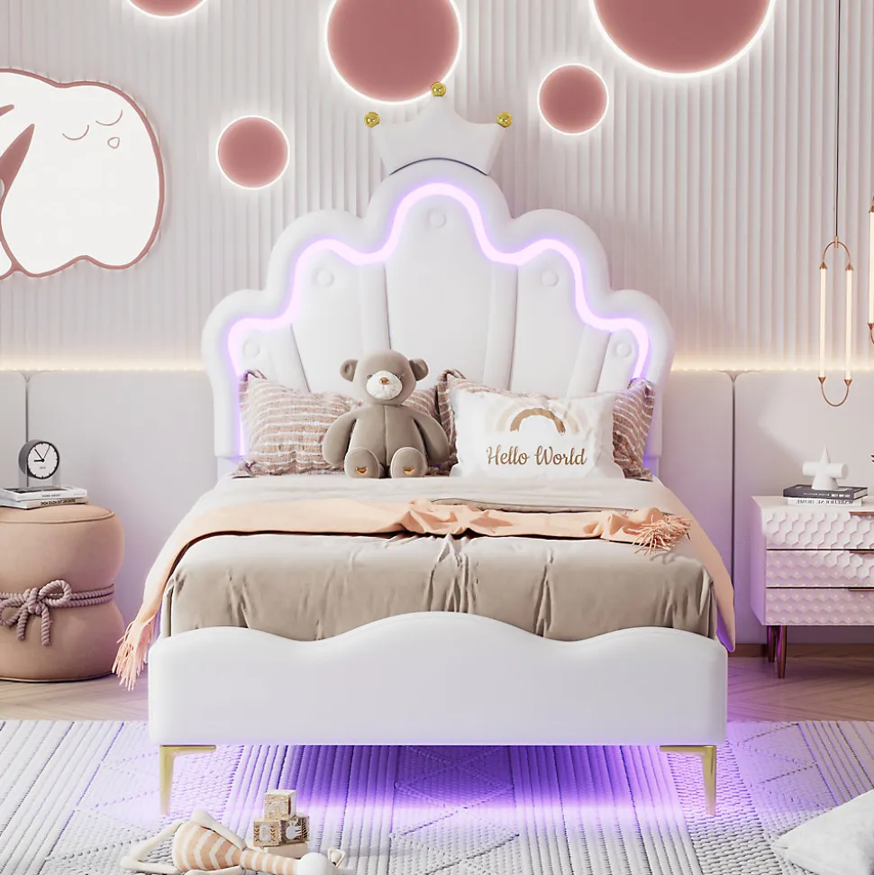 Lit enfant capitonné 90x200cm en PU, lit simple avec éclairage LED tête et pied de lit, chargeur EU inclus, Blanc