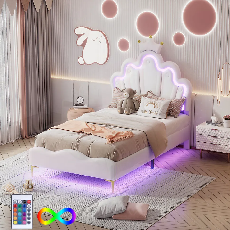 Lit enfant capitonné 90x200cm en PU, lit simple avec éclairage LED tête et pied de lit, chargeur EU inclus, Blanc