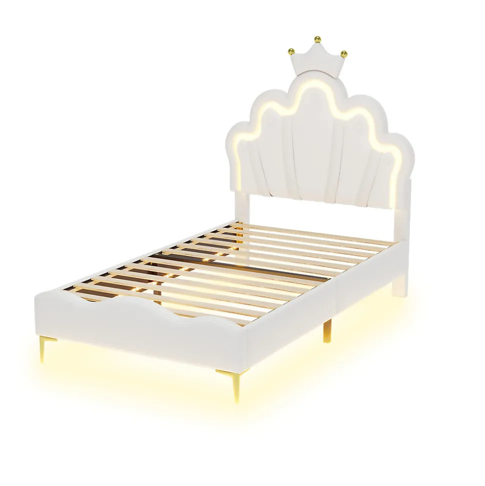 Lit enfant capitonné 90x200cm en PU, lit simple avec éclairage LED tête et pied de lit, chargeur EU inclus, Blanc