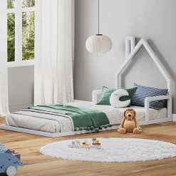 Lit enfant ELOA type Montessori, couchage 90x200 cm, en pin massif lasuré blanc