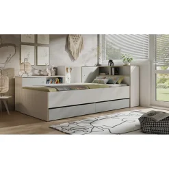 Lit enfant ELYO 90x200 cm Avec tiroirs, niches et étagères Gris, blanc & chene clair