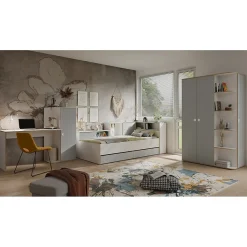 Lit enfant ELYO 90x200 cm Avec tiroirs, niches et étagères Gris, blanc & chene clair