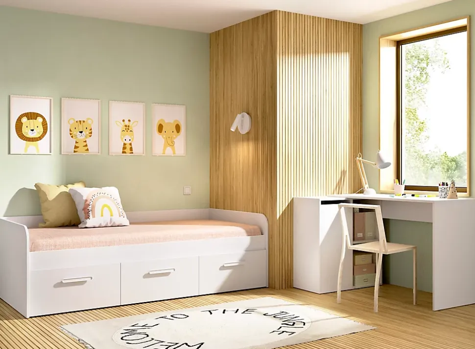 Lit enfant gigogne 90 x 190 cm en mélamine coloris blanc avec 3 tiroirs - Longueur 194.3 x Profondeur 97 x Hauteur 60 cm