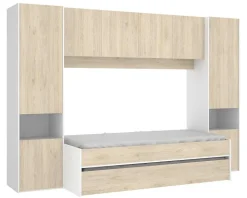 Lit enfant gigogne 90 x 190 cm coloris blanc /chêne + armoire - Longueur 302 x Hauteur 203 x Profondeur 97 cm