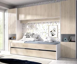 Lit enfant gigogne 90 x 190 cm coloris blanc /chêne + armoire - Longueur 302 x Hauteur 203 x Profondeur 97 cm