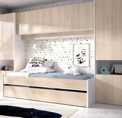 Lit enfant gigogne 90 x 190 cm coloris blanc /chêne + armoire - Longueur 302 x Hauteur 203 x Profondeur 97 cm