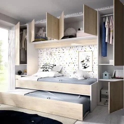 Lit enfant gigogne 90 x 190 cm coloris blanc /chêne + armoire - Longueur 302 x Hauteur 203 x Profondeur 97 cm