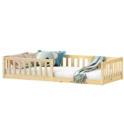 Lit enfant GUSTAVO avec sommier type Montessori 90x190 cm en bois massif - Naturel