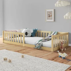 Lit enfant GUSTAVO avec sommier type Montessori 90x190 cm en bois massif - Naturel