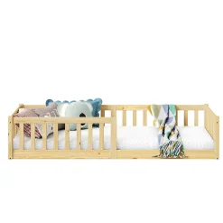 Lit enfant GUSTAVO avec sommier type Montessori 90x190 cm en bois massif - Naturel