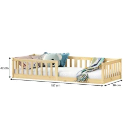 Lit enfant GUSTAVO avec sommier type Montessori 90x190 cm en bois massif - Naturel