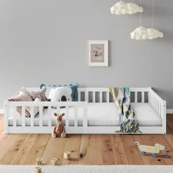 Lit enfant GUSTAVO type Montessori, couchage 90x200 cm, en pin massif lasuré blanc